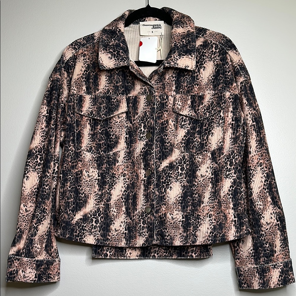 Savanna Jane Black and Brown Animal Print Jacket Cropped Style Size Small NWT